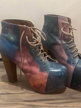 Y2K Jeffrey Campbell Galaxy Print Lita Platform Ankle Boots Space Alt Glam